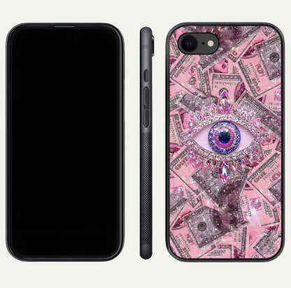 Money Eye Luxe Glass Case for iPhone 8 front & back layout highlighting luxury edge design and bold art