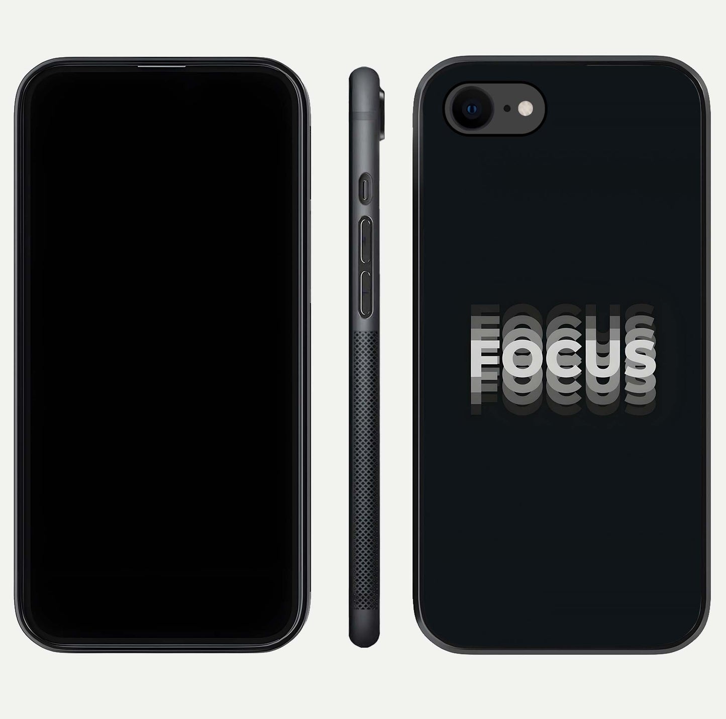 Mono Focus Vision Glass Case for iPhone 8 front & back layout showing clean focus lines and curved edges