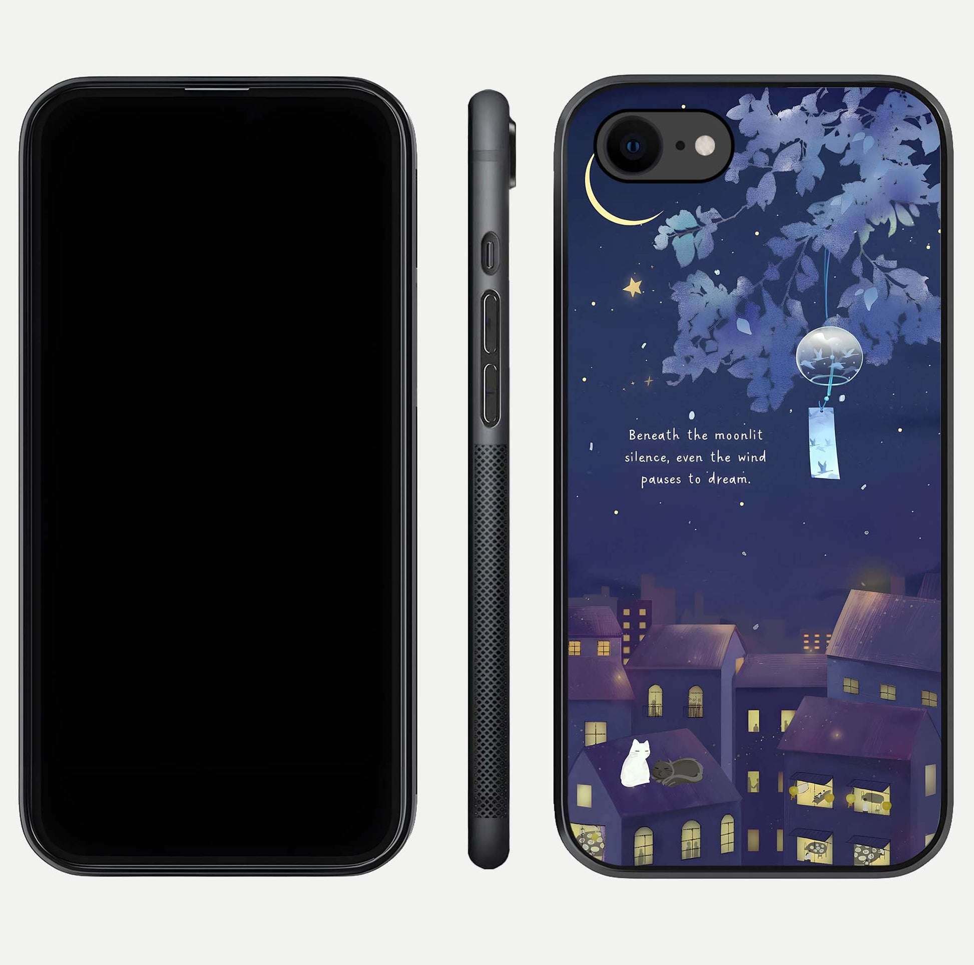 Moonlit Cat Silence Glass Case for iPhone 8 front & back layout highlighting calm tones and edge detail
