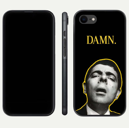 Mr Bean Damn Glass Case for iPhone 8 front & back layout displaying fun artwork and curved smooth edges