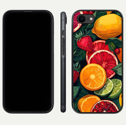 Multiple Fruits Glass Case for iPhone 8 front & back layout highlighting vibrant tones and curved edges