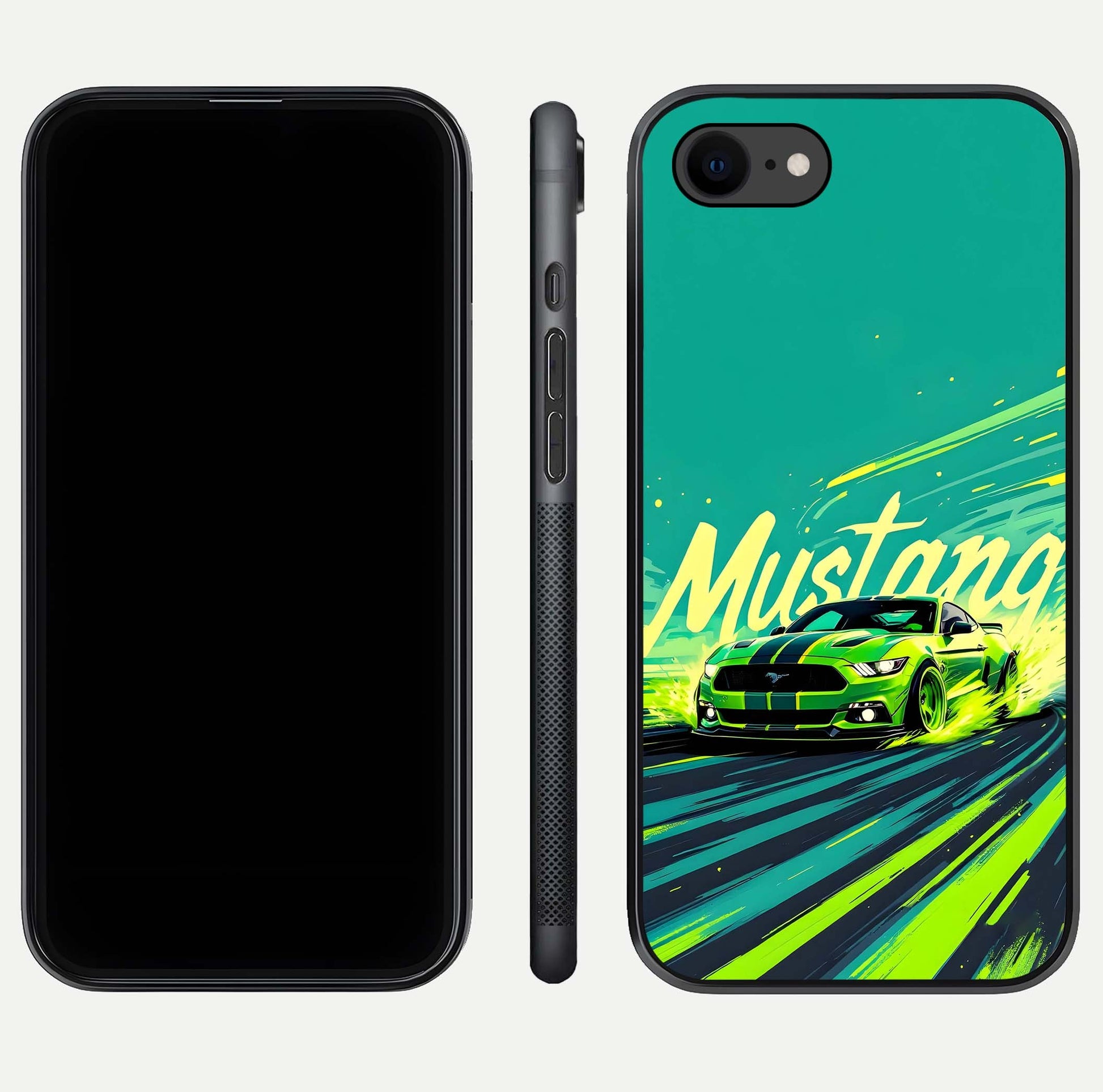 Mustang Bang Glass Case for iPhone 8 front & back layout highlighting dark automotive tones and edge detail