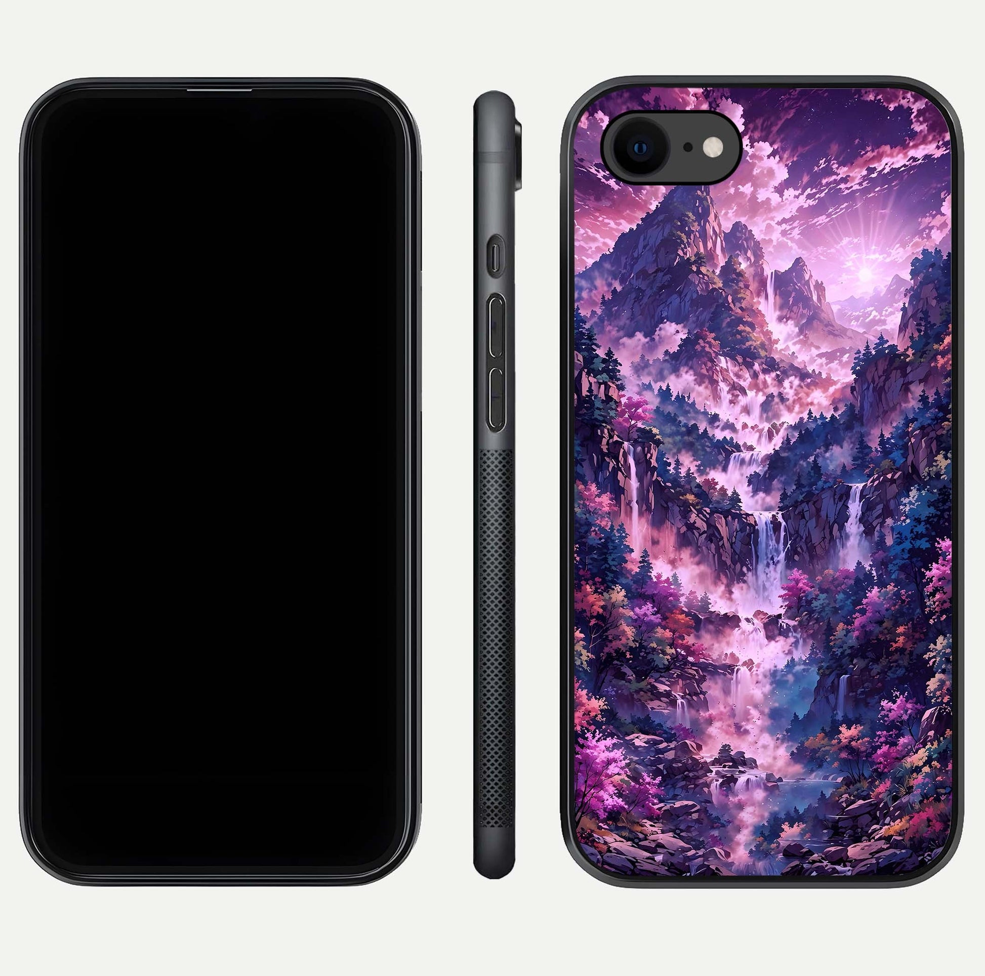 Mystic Cascade Peaks Glass Case for iPhone 8 front & back layout highlighting HD landscape tones
