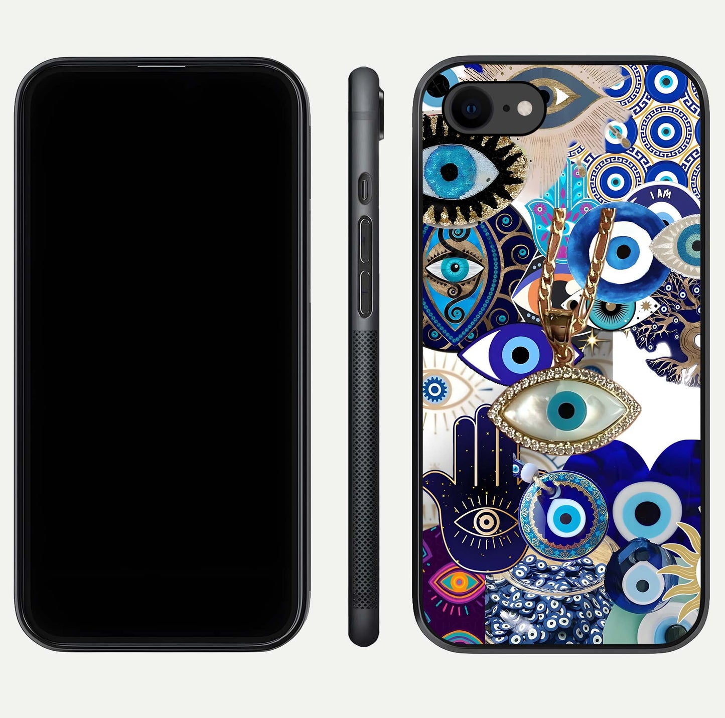 Mystic Charm Eye Glass Case for iPhone 8 front & back layout highlighting spiritual design and edges