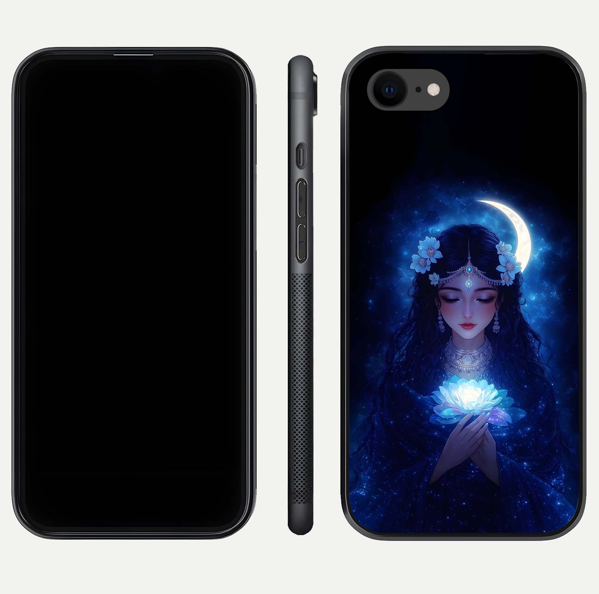 Mystic Moon Queen Glass Case for iPhone 8 front & back layout highlighting divine illustration and edges
