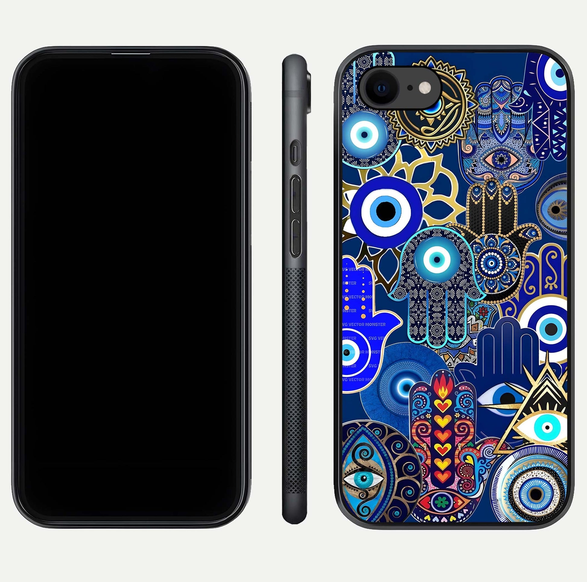 Mystic Palm Guard Glass Case for iPhone 8 front & back layout highlighting spiritual art and edge finish