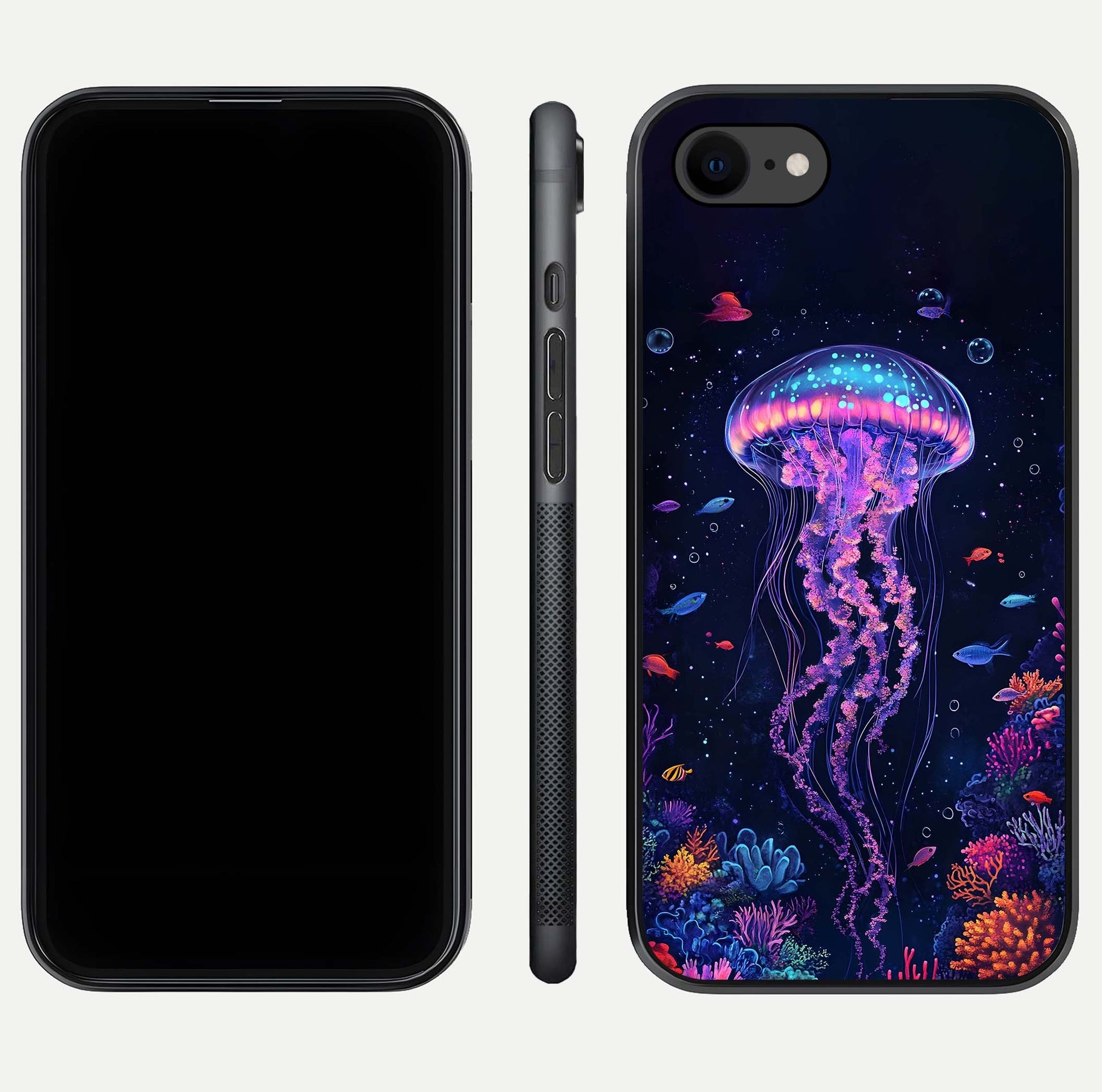 Neon Jellyfish Glass Case for iPhone 8 front & back layout highlighting HD marine art and curved edges
