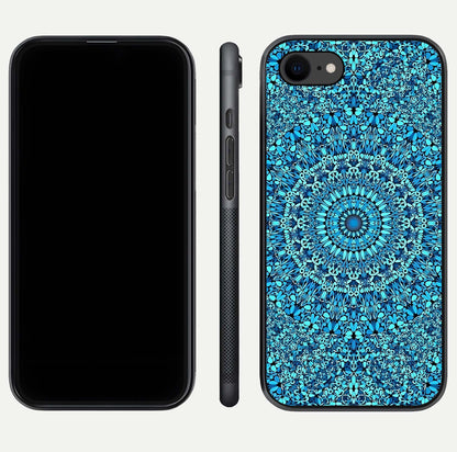 Ocean Bloom Mandala Glass Case for iPhone 8 front & back layout showing ocean tone design and edges