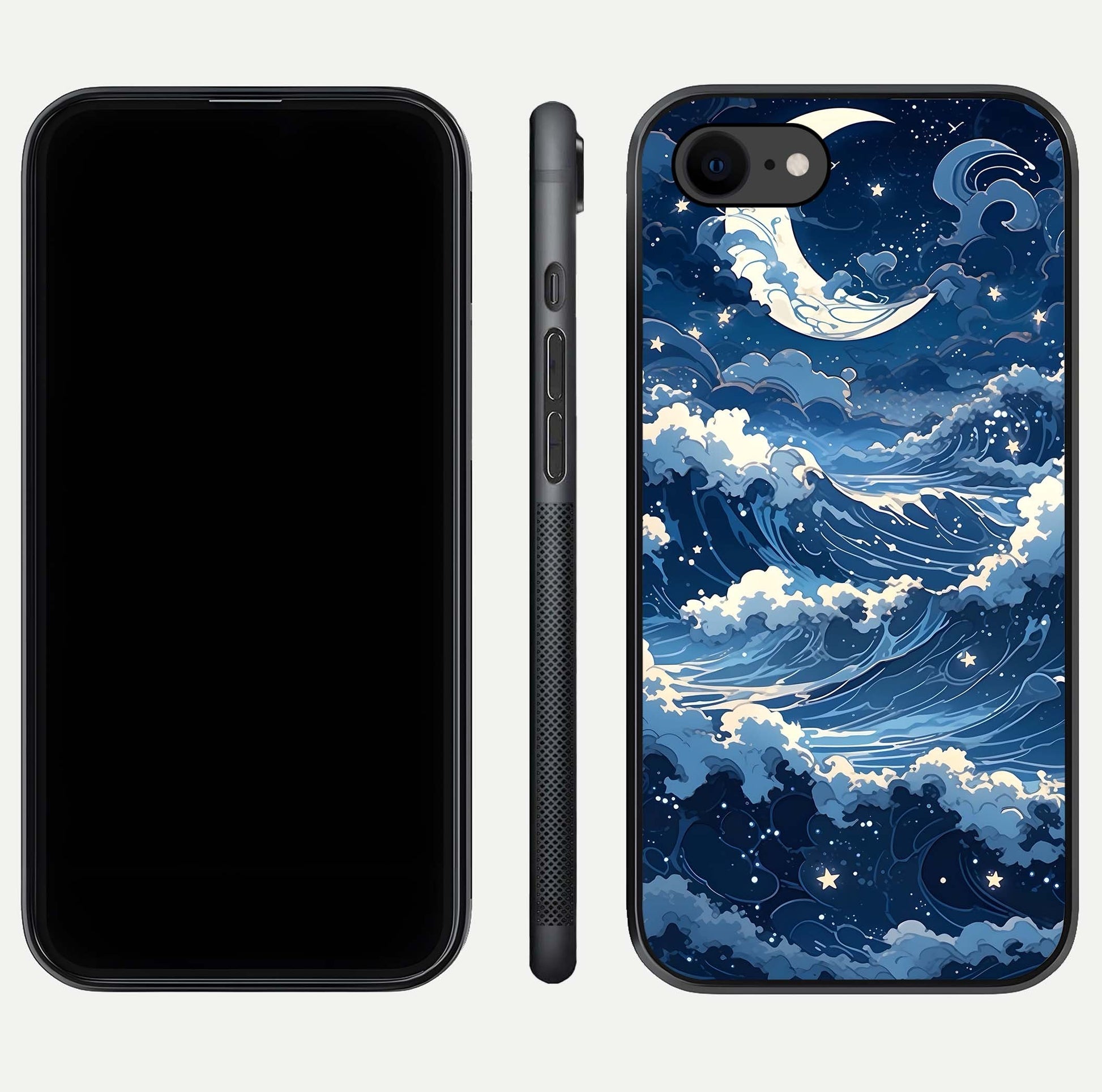 Ocean Moon Waves Glass Case for iPhone 8 front & back layout highlighting water flow and smooth edges