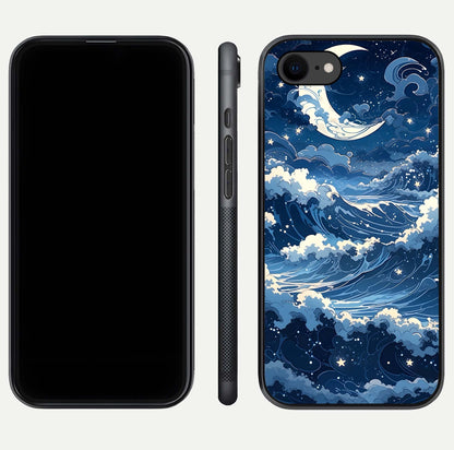 Ocean Moon Waves Glass Case for iPhone 8 front & back layout highlighting water flow and smooth edges