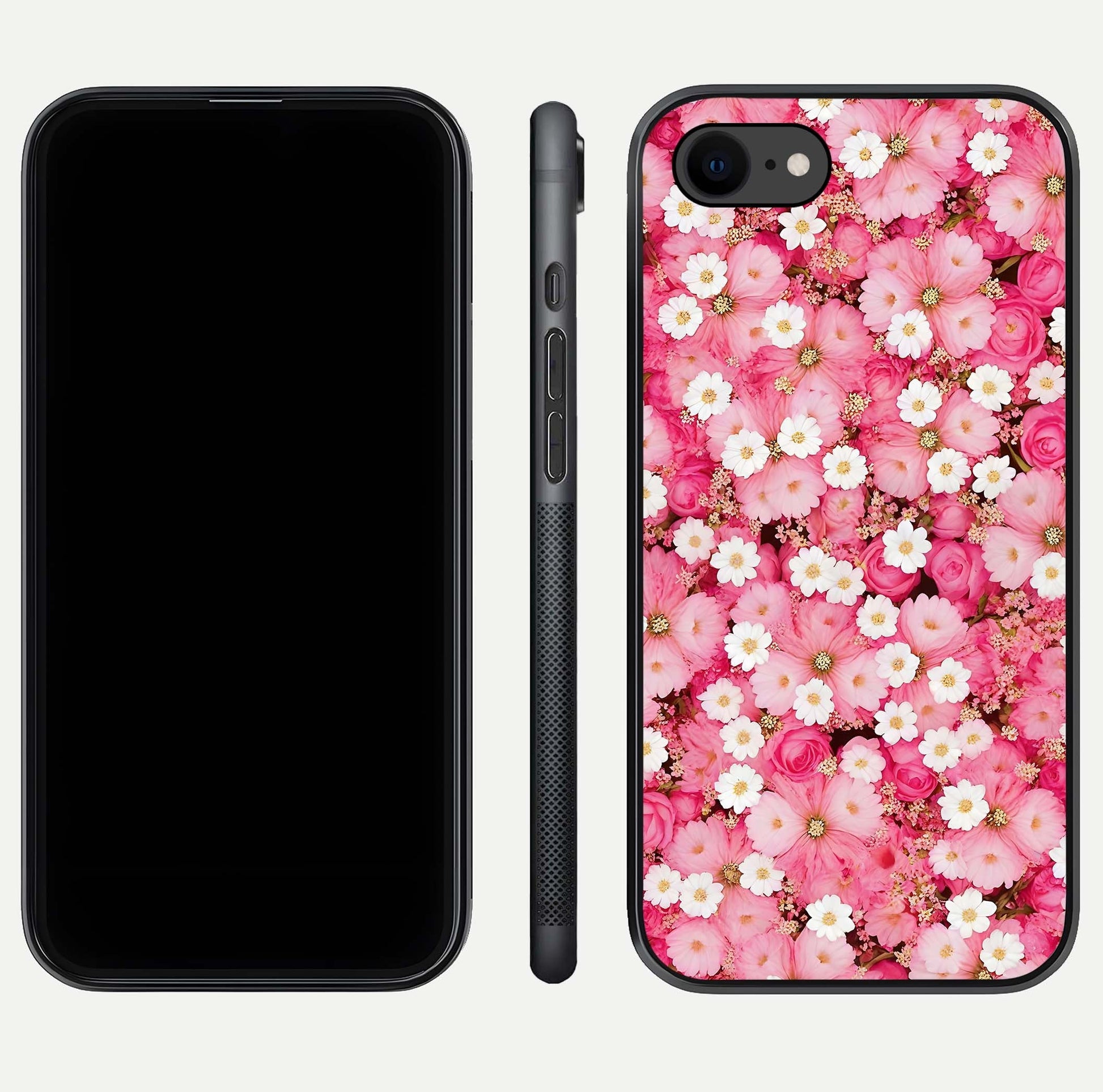 Pink Daisy Bliss Glass Case for iPhone 8 front & back layout showing HD floral tones and edge finish