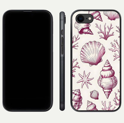 Pink Shells Outline Glass Case for iPhone 8 front & back layout showing soft pastel tones and edge design