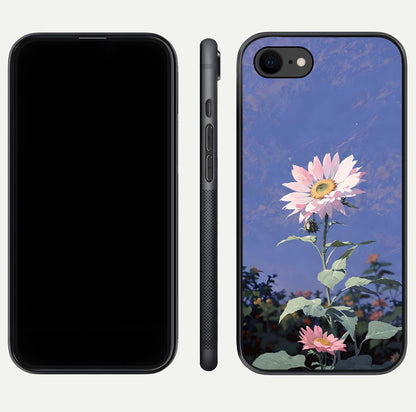 Pink Sunflower Glow Glass Case for iPhone 8 front & back layout showing HD tones and bright finish