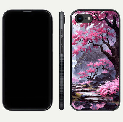 Pinkish Scenery Glass Case for iPhone 8 front & back layout showing landscape art and curved edge finish