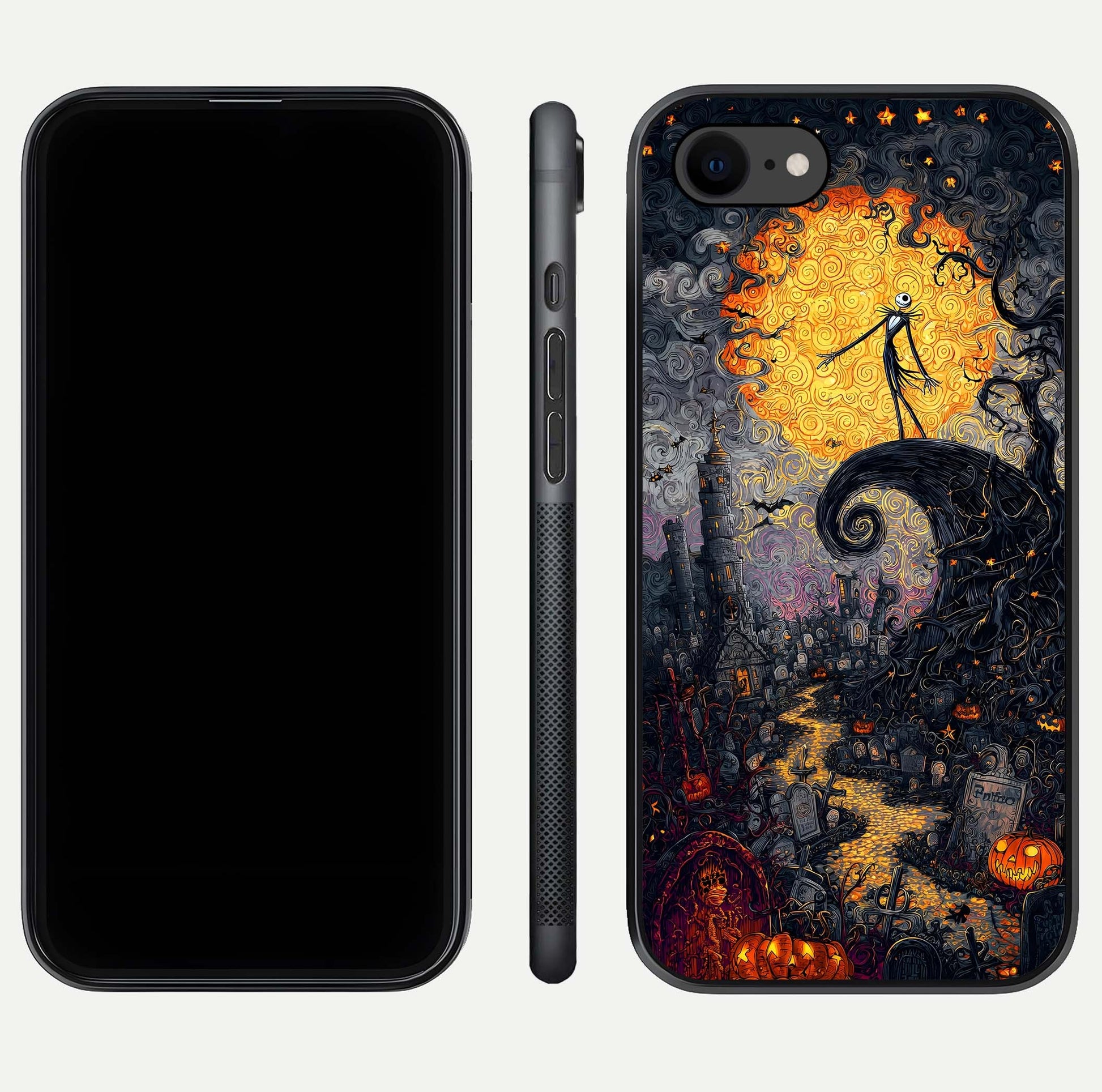 Pumpkin Moon Night Glass Case for iPhone 8 front & back layout highlighting festive tones and smooth edges