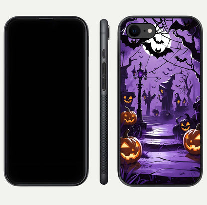Pumpkin Patch Halloween Glass Case for iPhone 8 front & back layout showing festive Halloween print