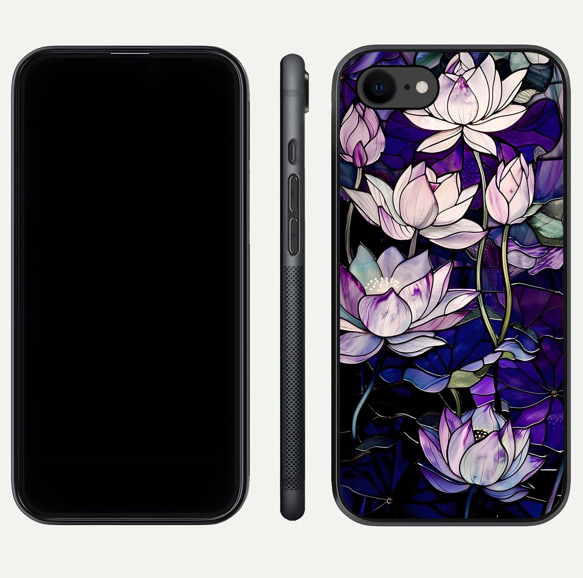 Purple Lotus Pattern Glass Case for iPhone 8 front & back layout highlighting floral tones and soft edges