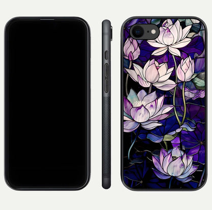 Purple Lotus Pattern Glass Case for iPhone 8 front & back layout highlighting floral tones and soft edges