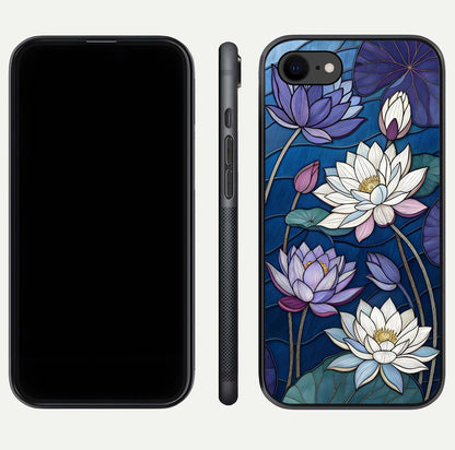 Purple Lotus Stained Glass Case for iPhone 8 front & back layout showing bright tones and smooth edge finish