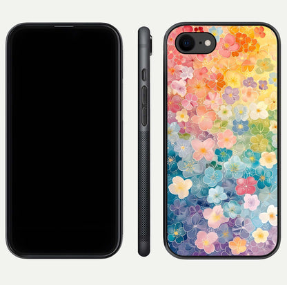 Rainbow Blossom Burst Glass Case for iPhone 8 front & back layout showing bright tones and edge finish