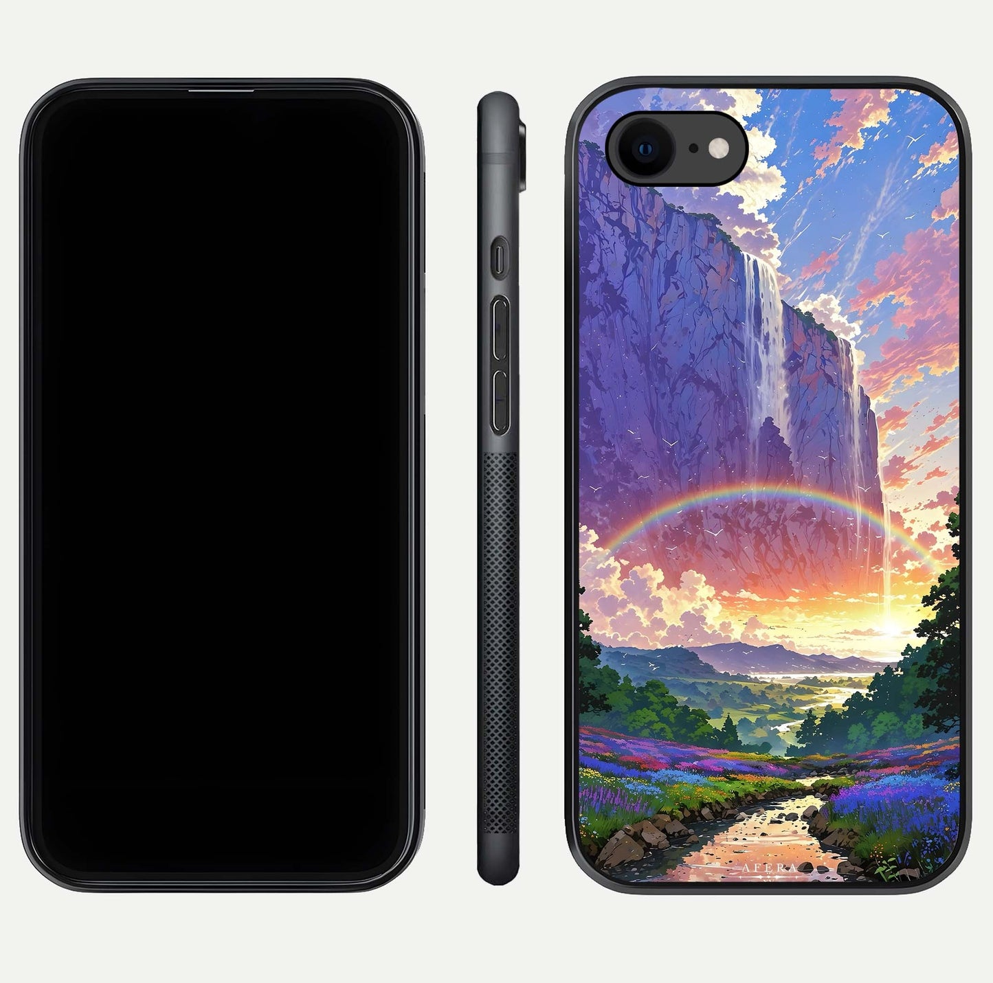 Rainbow Valley Dream Glass Case for iPhone 16 Pro front & back layout showing smooth color blend and curved edge