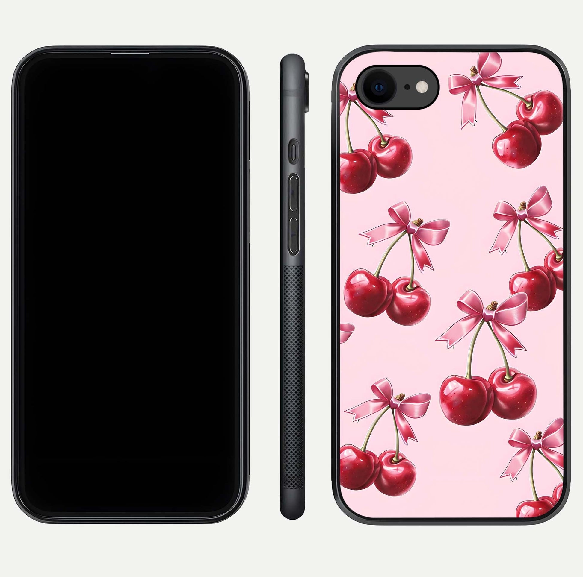 Red Cherries Pattern Glass Case for iPhone 8 front & back layout highlighting vibrant fruit print and edges