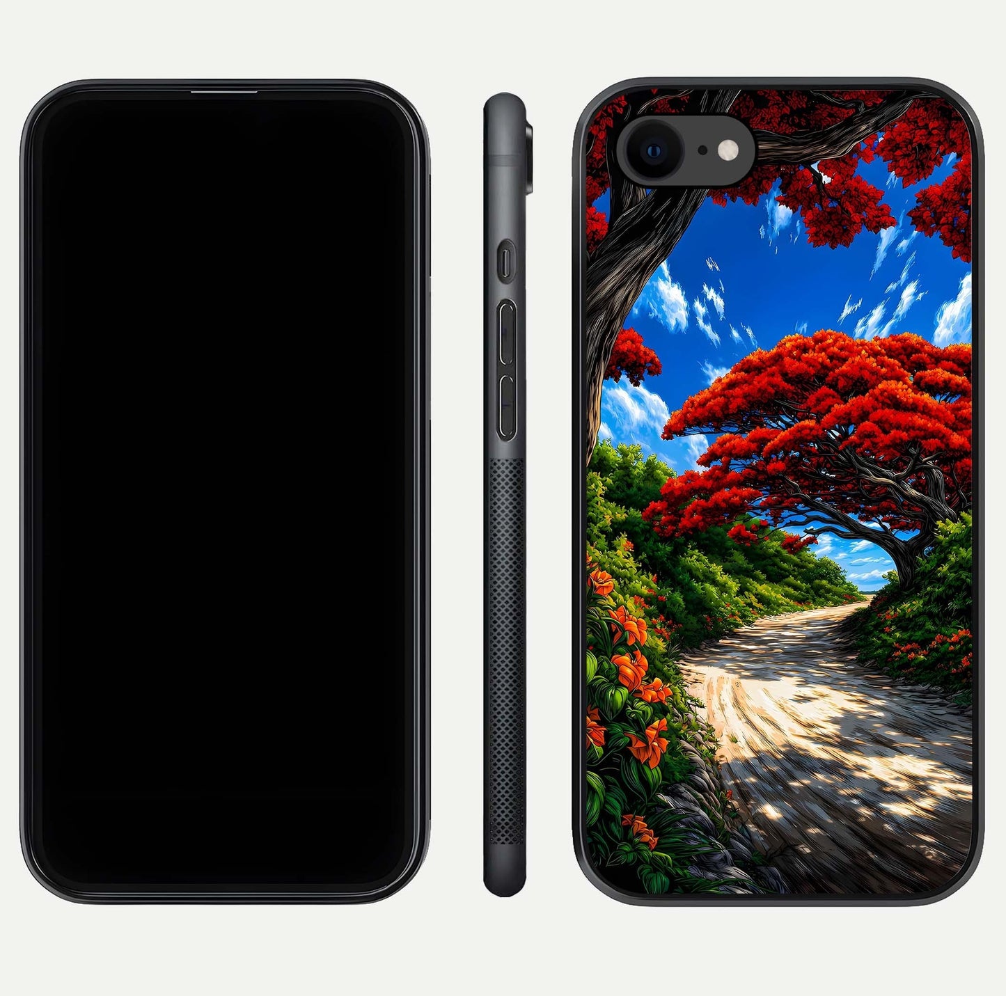 Red Trees Pathway Glass Case for iPhone 8 front & back layout showing scenic tone blend and edges