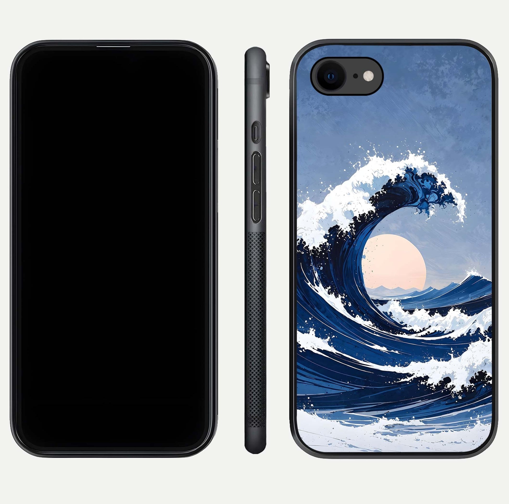 Rising Tide Power Glass Case for iPhone 8 front & back layout showing ocean design and smooth glass edge