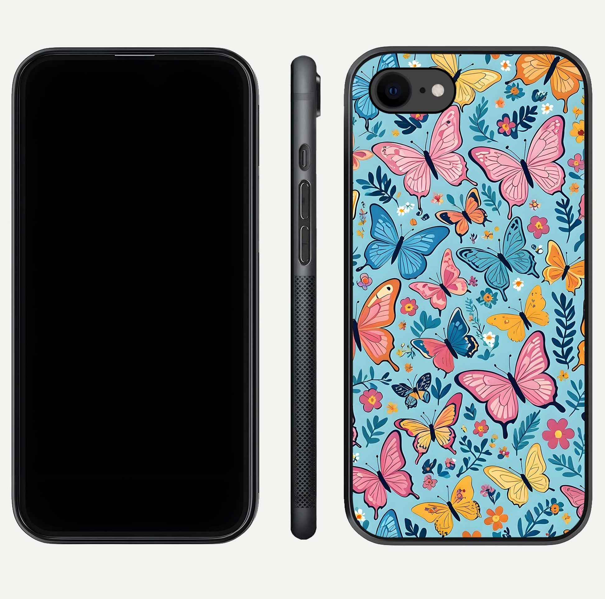 Spring Wing Garden Glass Case for iPhone 8 front & back layout showing soft tones and elegant glass design