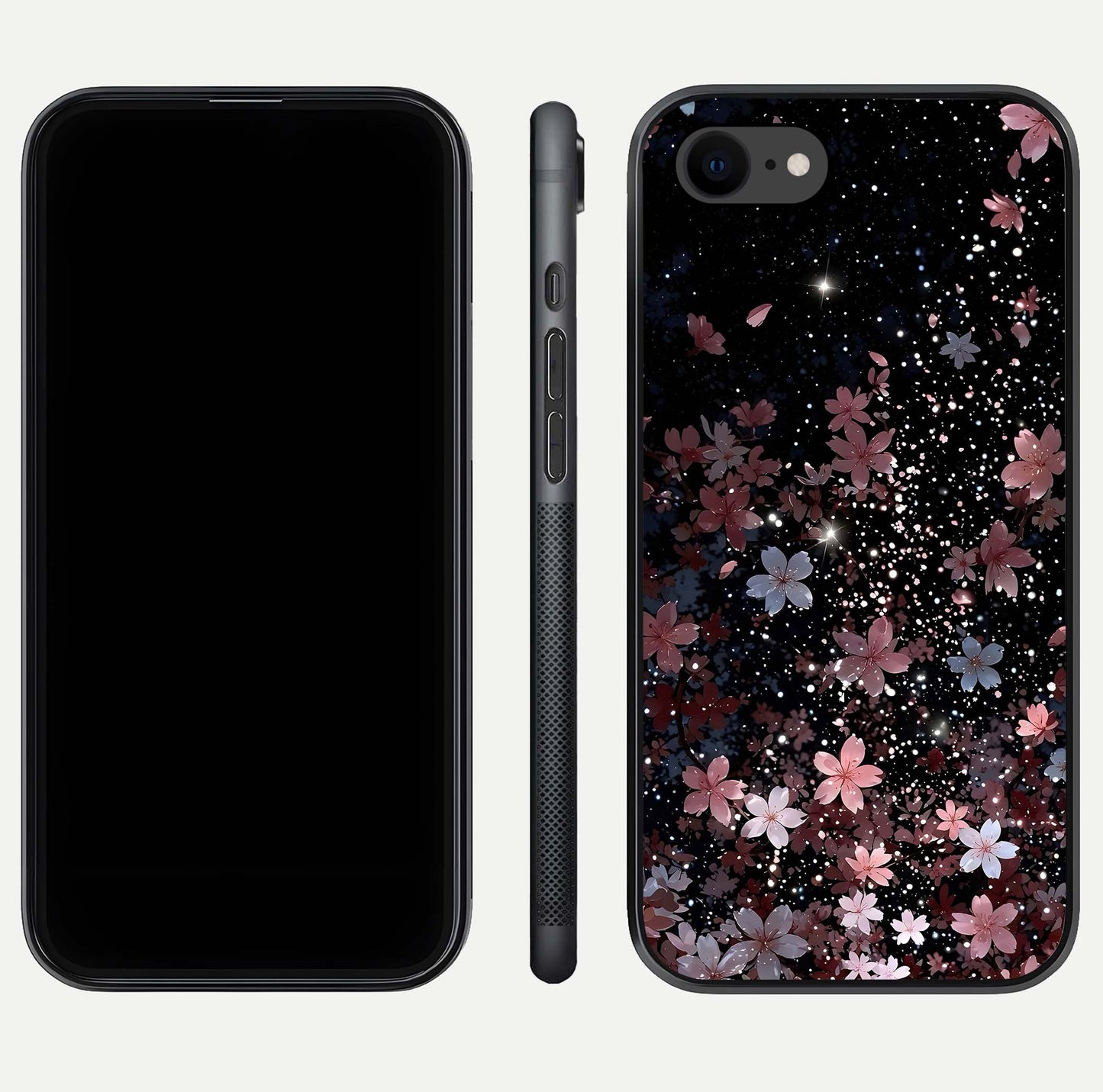 Starlit Flower Dreams Glass Case for iPhone 8 front & back layout showing soft bloom design and curved edge