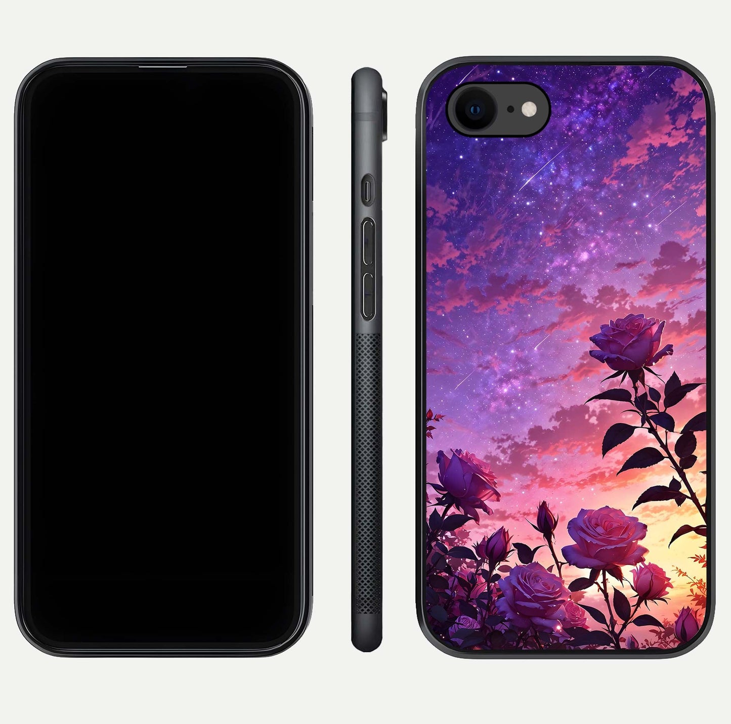 Starlit Rose Twilight Glass Case for iPhone 8 front & back layout showing floral blend and glossy edge