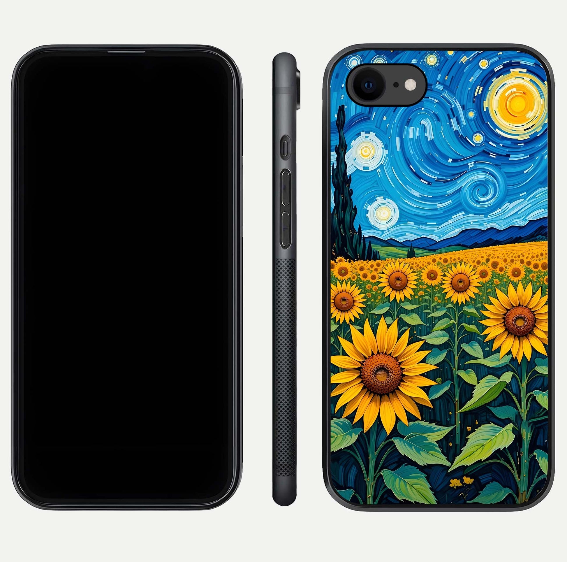 Starry Sunflower Dreams Glass Case for iPhone 8 front & back layout showing floral blend and edge detail
