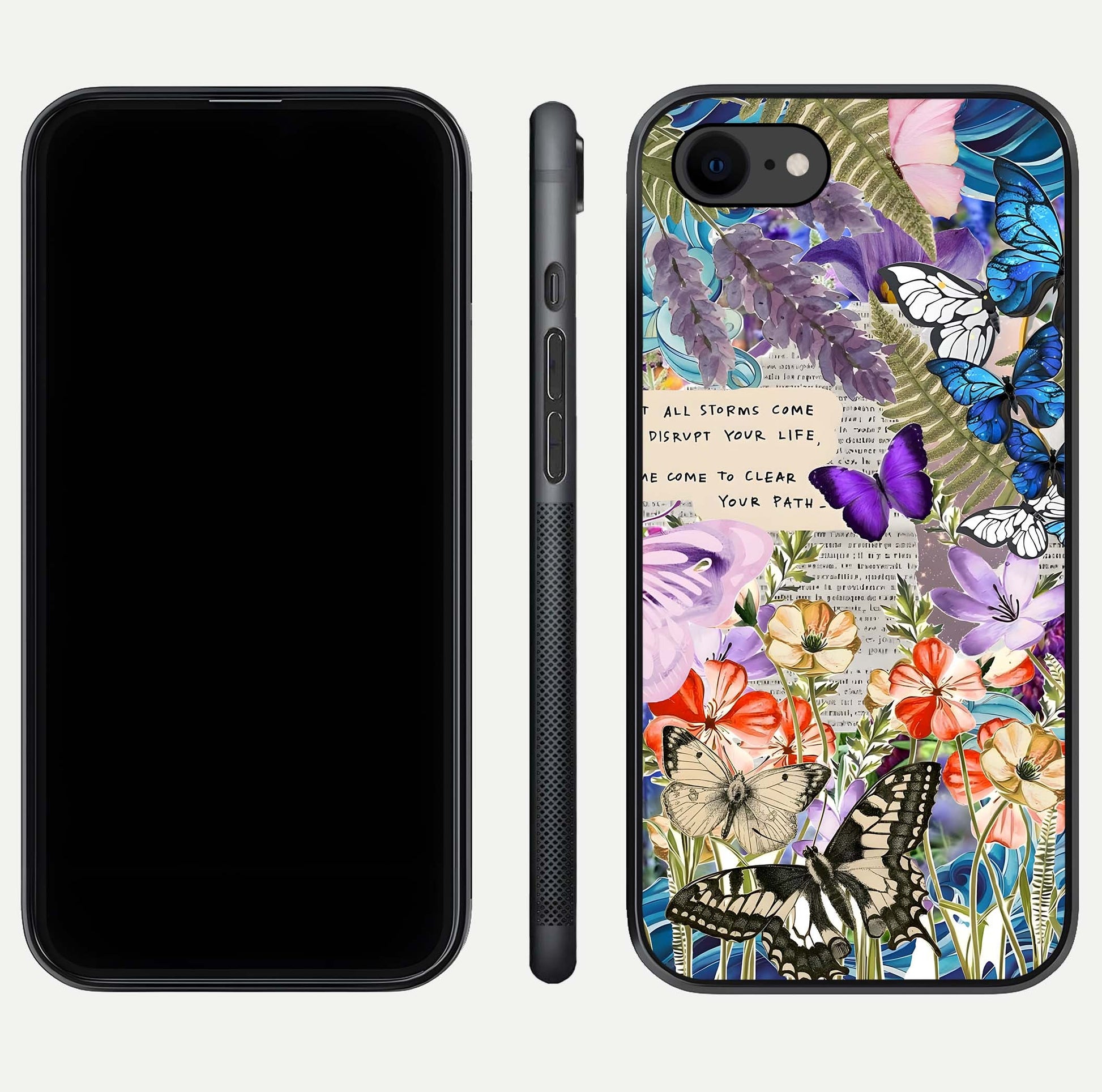 Storm Path Bloom Glass Case for iPhone 8 front & back layout showing moody floral blend and edges
