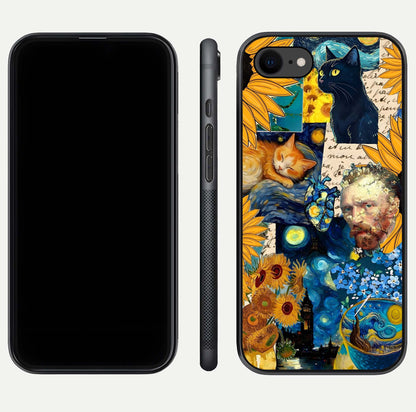 Sunflower Cat Art Glass Case for iPhone 8 front & back layout showing detailed floral cat design and edges