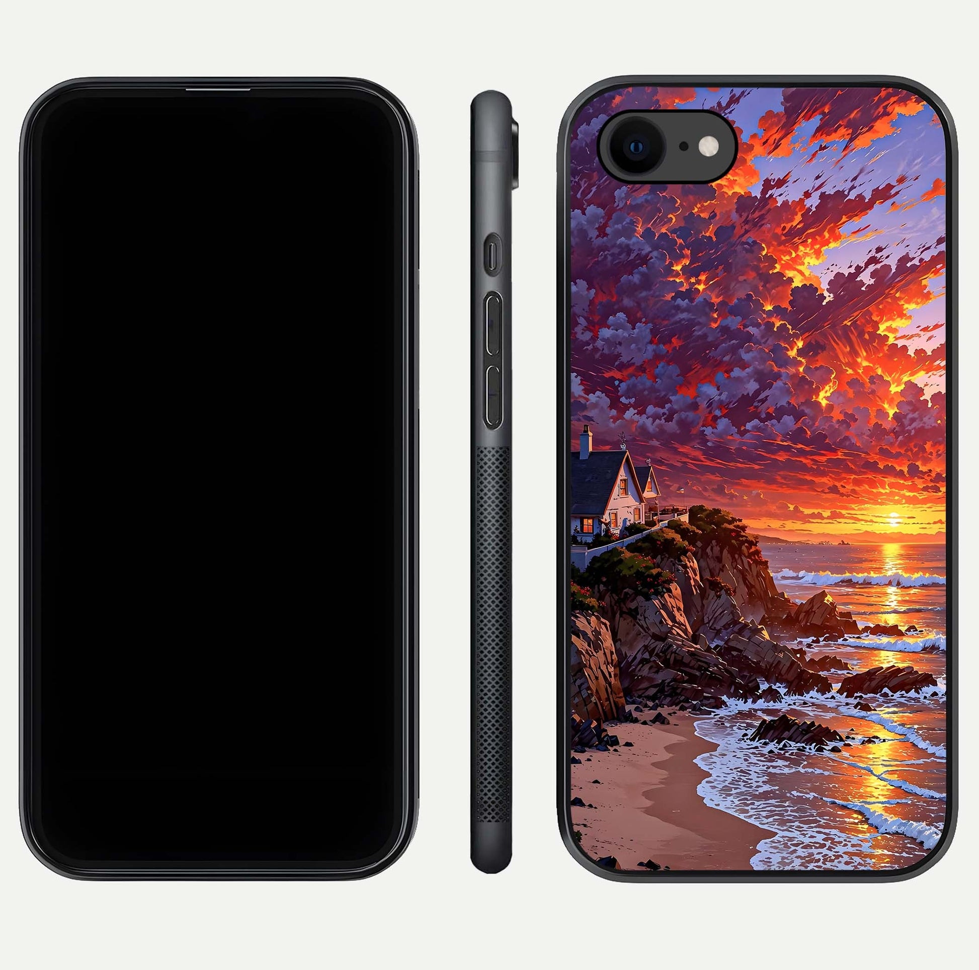 Sunset House by Sea Glass Case for iPhone 8 front & back layout showing scenic gradient and curved edge