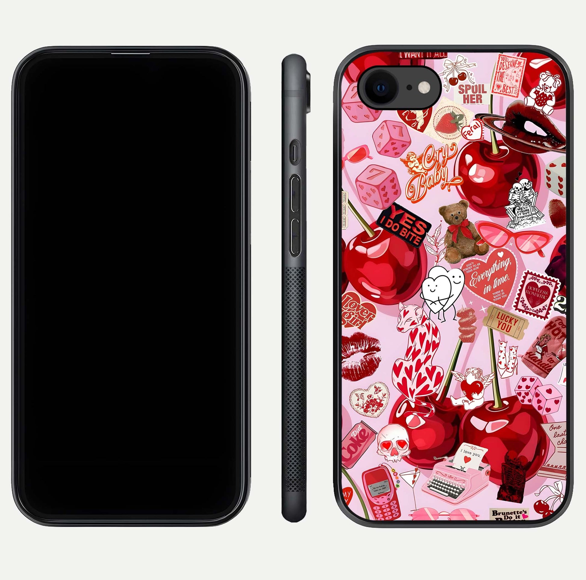 Sweet Cherry Chaos Glass Case for iPhone 8 front & back layout showing vibrant cherries and smooth edges