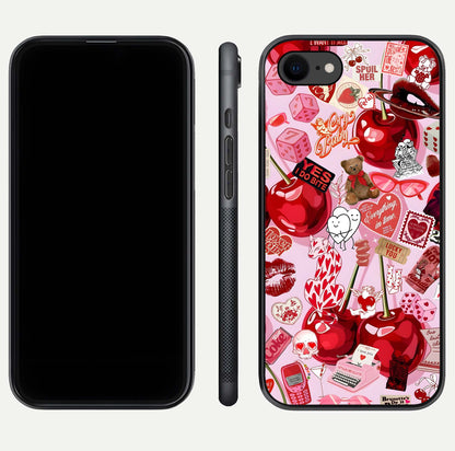 Sweet Cherry Chaos Glass Case for iPhone 8 front & back layout showing vibrant cherries and smooth edges