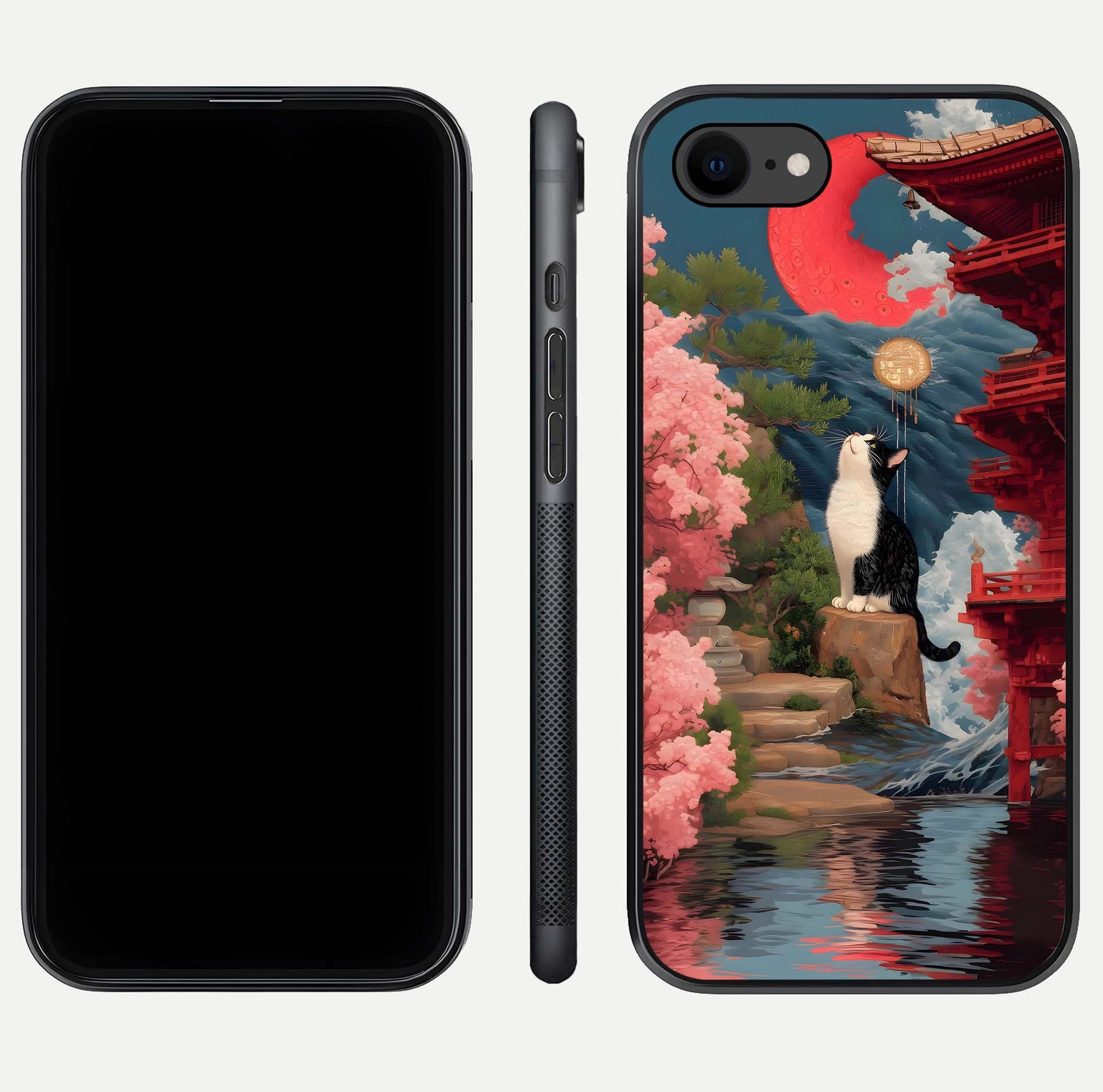 Temple Cat Scenery Glass Case for iPhone 8 front & back layout showing scenic print and edge design