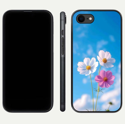 Triple Flowers With Sky Glass Case for iPhone 8 front & back layout showing vivid tones and glossy surface