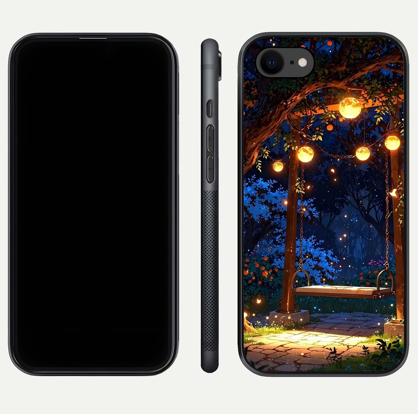 Twilight Garden Swing Glass Case for iPhone 8 front & back layout showing garden art and clean edge