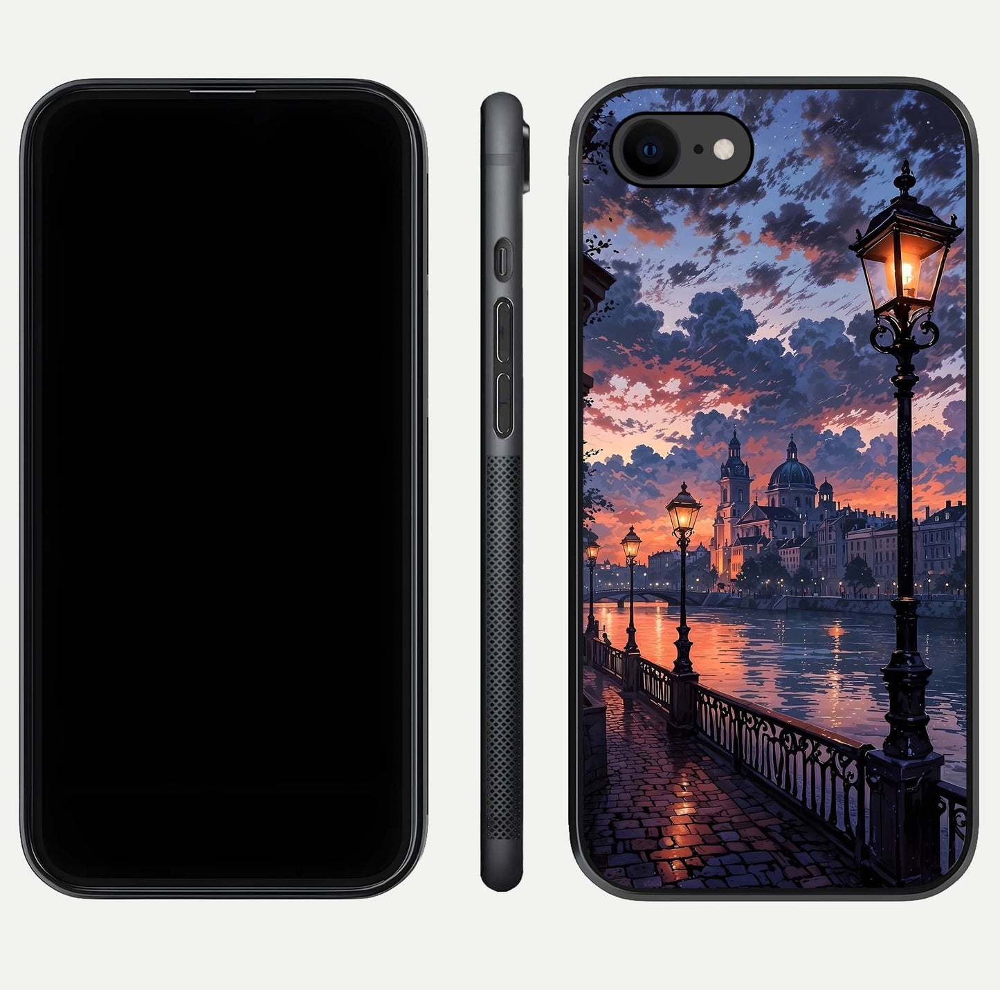 Twilight River Lights Glass Case for iPhone 8 front & back layout showing scenic artwork and smooth curved edges