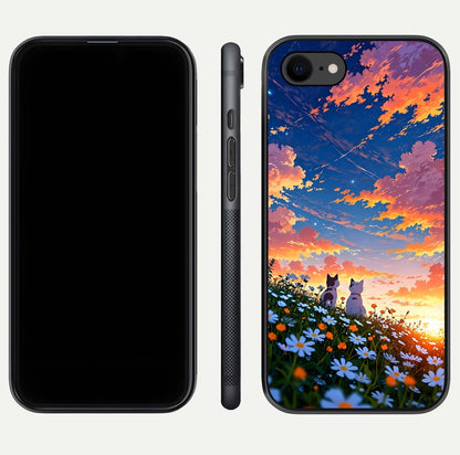 Two Cats Friends Glass Case for iPhone 8 front & back layout showing friendly cat theme and edge design