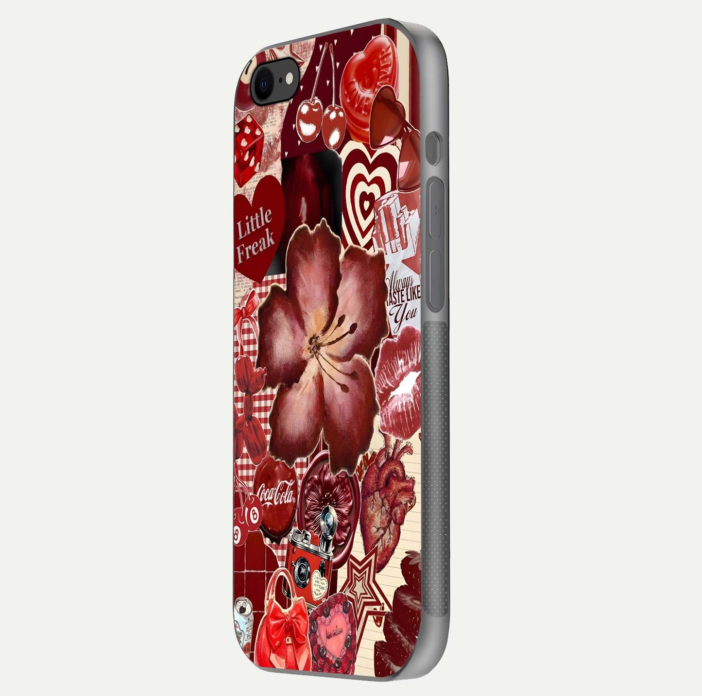 Aesthetic Little Freak Glass Case for iPhone 16 Pro side-angle image showing colorful design, camera module, and glossy finish reflection