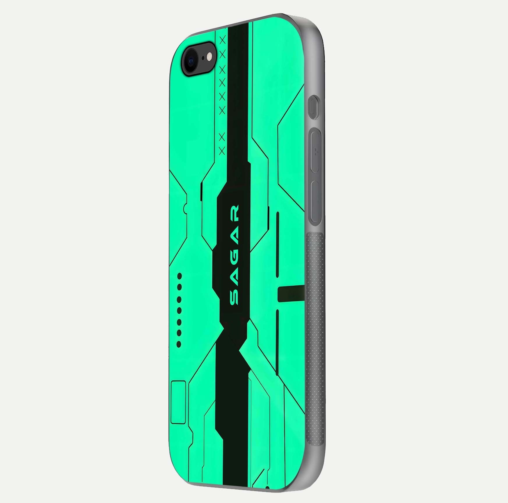 Aqua Tech CYBERPUNK Custom Name Glass Case for iPhone 16 Pro side-angle image with glowing edges and glossy surface