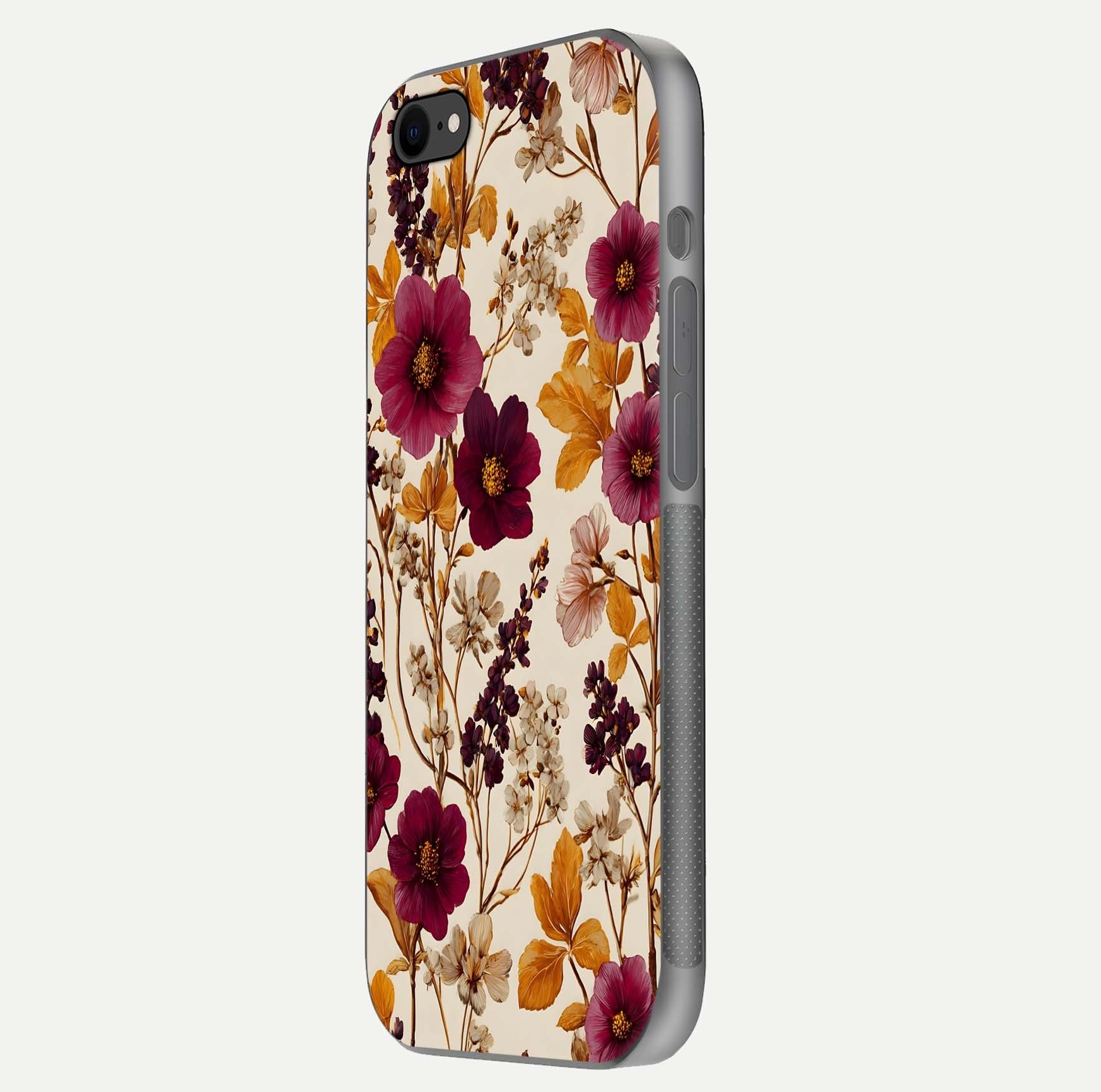 Autumn Wine Bloom Glass Case for iPhone 16 Pro side-angle showcasing floral design, texture gloss, and camera frame
