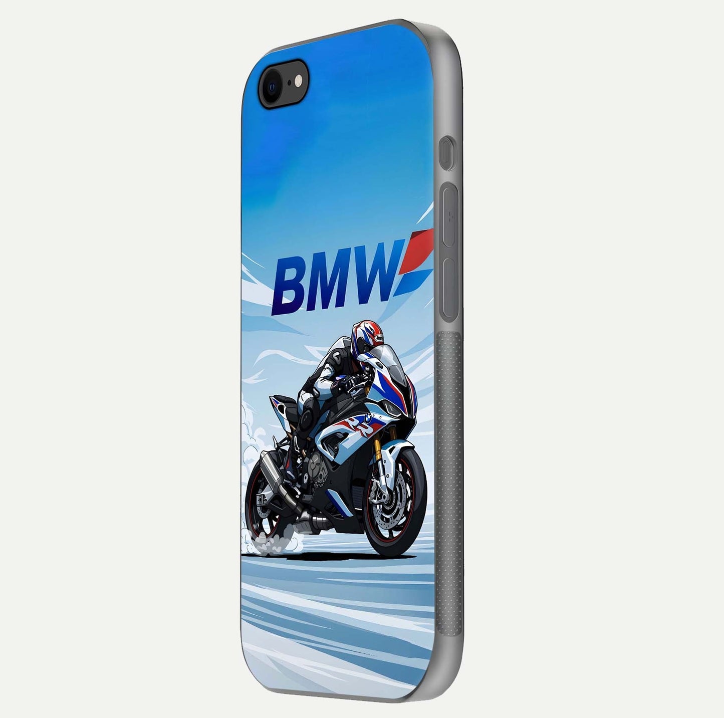 BMW Power Drift Glass Case for iPhone 8 side-angle image emphasizing smooth finish and detailed design