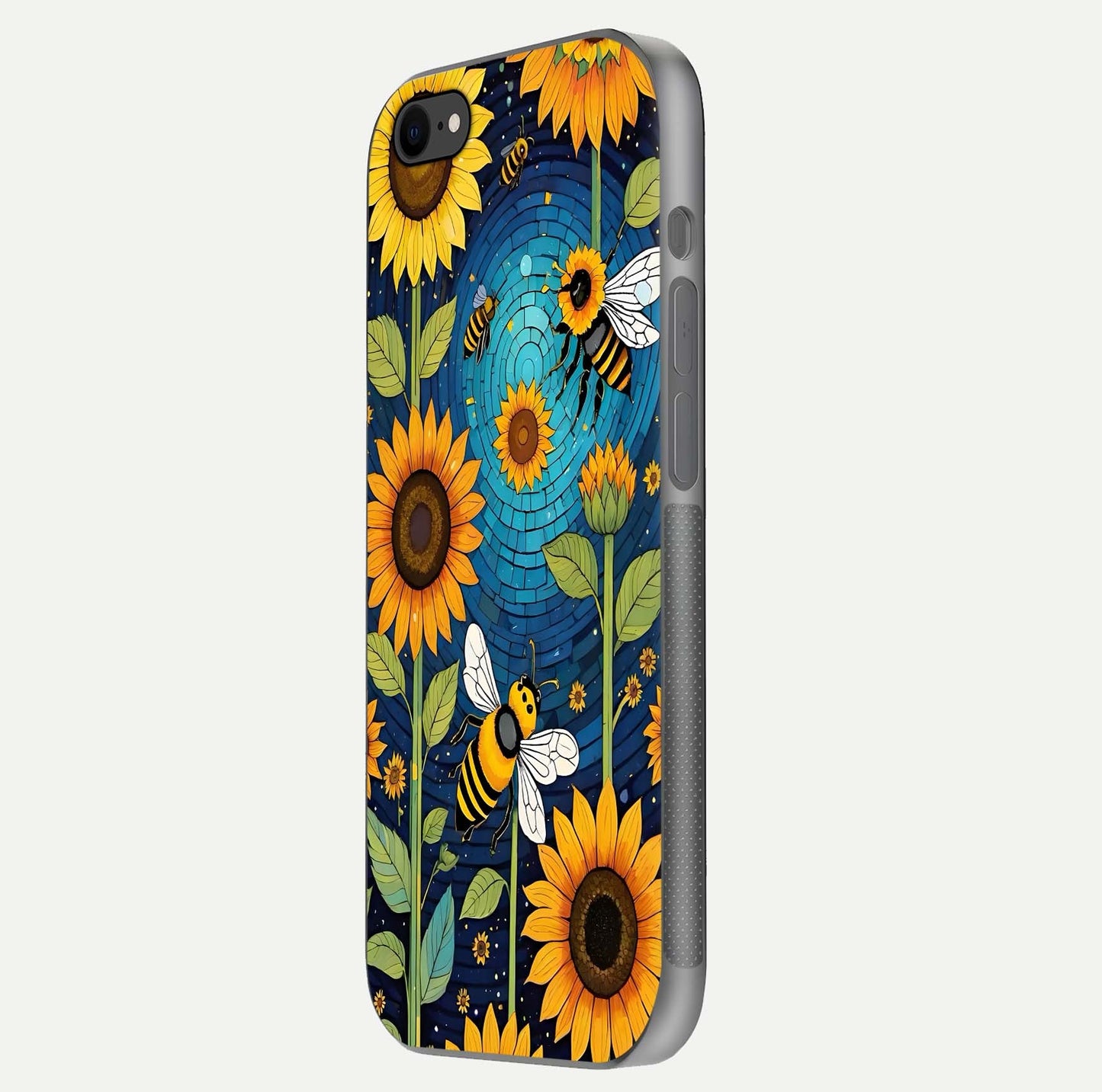 Bees & Sunflowers Glass Case for iPhone 16 Pro side-angle image showing bee pattern alignment and shiny protective surface