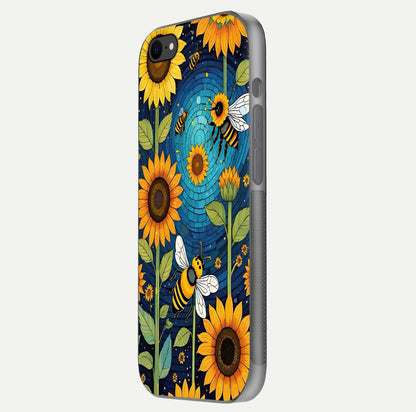 Bees & Sunflowers Glass Case for iPhone 16 Pro side-angle image showing bee pattern alignment and shiny protective surface
