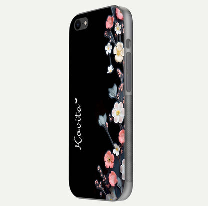 Black Elegance Floral Custom Name Glass Case for iPhone 8 side-angle showing black gloss depth and delicate print texture