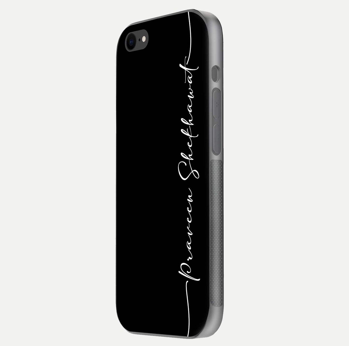 Black Tune Custom Name Glass Case for iPhone 8 side-angle photo showing mirror-like surface and slim profile